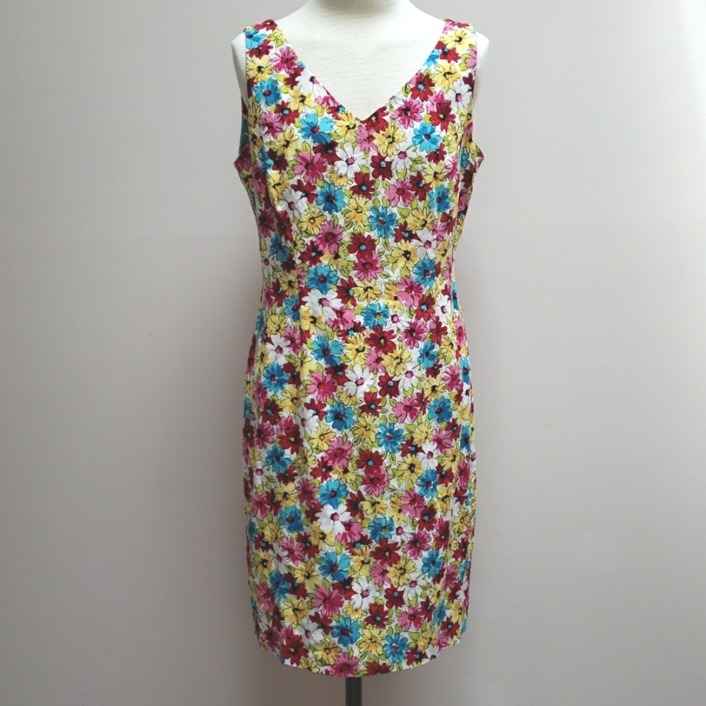 Vintage Studio Ease Floral Print Sleeveless V-neck Linen Blend Sheath Dress, 6